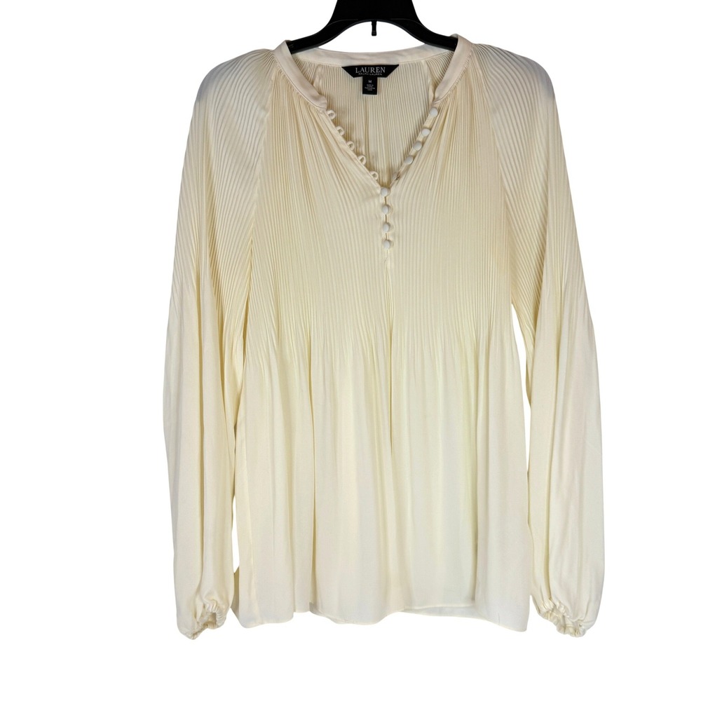 Lauren Ralph Lauren Women M Ivory Pleated Blouse Button Front Long Sleeve